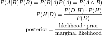 P(A | B) P(B) = P(B | A) P(A) = P(A \land B)

P(H | D) = \frac{ P(D | H) \cdot P(H) }{ P(D) }

\text{posterior} =
    \frac
    { \text{likelihood} \cdot \text{prior} }
    { \text{marginal likelihood} }