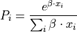 P_i = \frac {e ^ {\beta \cdot x_i}} { \sum_{i}{\beta \cdot x_i} }
